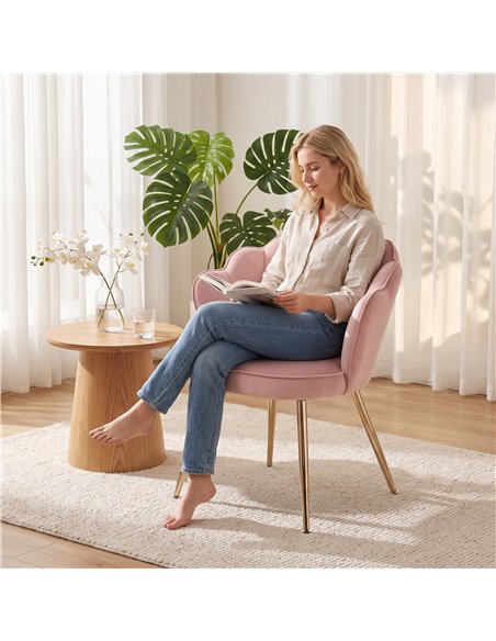 HOMCOM Accent Chair Velvet Upholstered Armchair Lotus Back Heart Pillow Lumbar Pillow Metal Legs Soft Pink - pic 206107 | FastDaddyshop