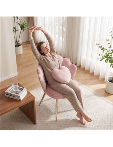 HOMCOM Accent Chair Velvet Upholstered Armchair Lotus Back Heart Pillow Lumbar Pillow Metal Legs Soft Pink