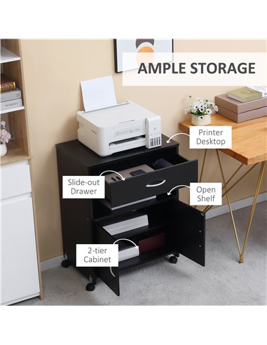 Vinsetto Printer Stand Mobile Printer Cabinet with Storage, Open Shelf, Drawer for Home, Office, Black
