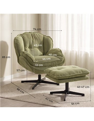 HOMCOM Armchair with Adjustable Footstool, 360-Degree Swivel Chenille Cloud Accent Chair with Thick Cushion, Steel Base, Green