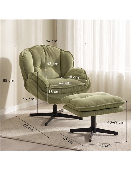 HOMCOM Armchair with Adjustable Footstool, 360-Degree Swivel Chenille Cloud Accent Chair with Thick Cushion, Steel Base, Green - pic 206111 | FastDaddyshop
