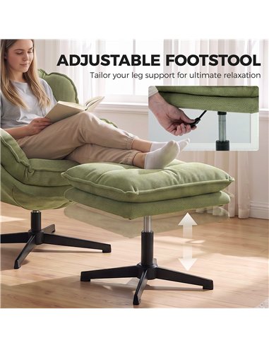 HOMCOM Armchair with Adjustable Footstool, 360-Degree Swivel Chenille Cloud Accent Chair with Thick Cushion, Steel Base, Green