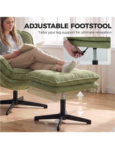 HOMCOM Armchair with Adjustable Footstool, 360-Degree Swivel Chenille Cloud Accent Chair with Thick Cushion, Steel Base, Green - pic 206112 | FastDaddyshop