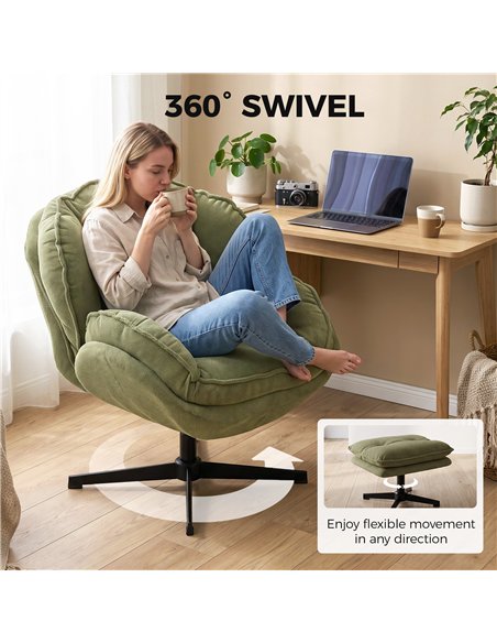 HOMCOM Armchair with Adjustable Footstool, 360-Degree Swivel Chenille Cloud Accent Chair with Thick Cushion, Steel Base, Green - pic 206113 | FastDaddyshop