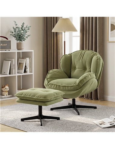HOMCOM Armchair with Adjustable Footstool, 360-Degree Swivel Chenille Cloud Accent Chair with Thick Cushion, Steel Base, Green