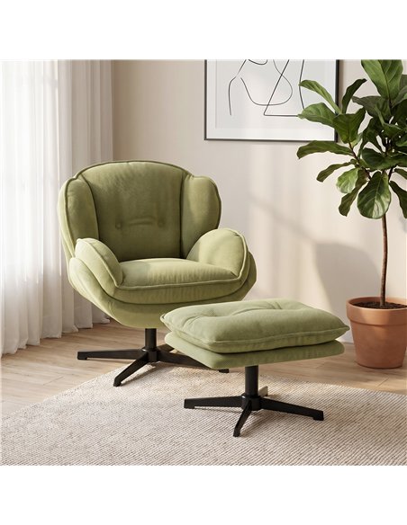 HOMCOM Armchair with Adjustable Footstool, 360-Degree Swivel Chenille Cloud Accent Chair with Thick Cushion, Steel Base, Green - pic 206117 | FastDaddyshop
