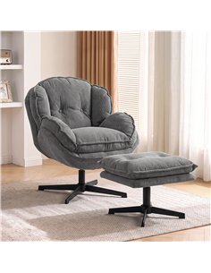 HOMCOM Armchair with Adjustable Footstool, 360-Degree Swivel Chenille Cloud Accent Chair with Thick Cushion, Steel Base, Grey 2