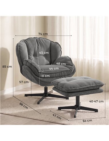 HOMCOM Armchair with Adjustable Footstool, 360-Degree Swivel Chenille Cloud Accent Chair with Thick Cushion, Steel Base, Grey
