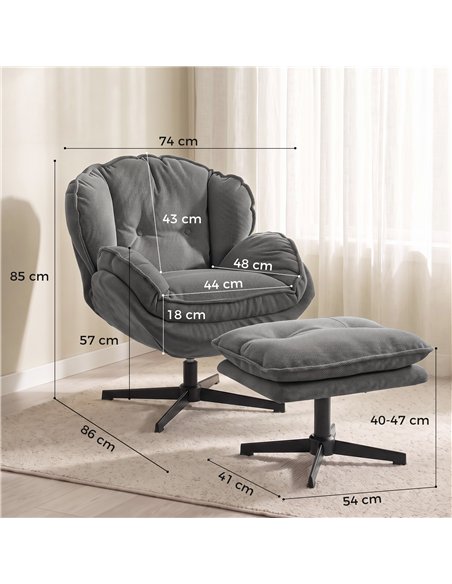 HOMCOM Armchair with Adjustable Footstool, 360-Degree Swivel Chenille Cloud Accent Chair with Thick Cushion, Steel Base, Grey - pic 206120 | FastDaddyshop