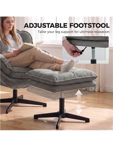 HOMCOM Armchair with Adjustable Footstool, 360-Degree Swivel Chenille Cloud Accent Chair with Thick Cushion, Steel Base, Grey