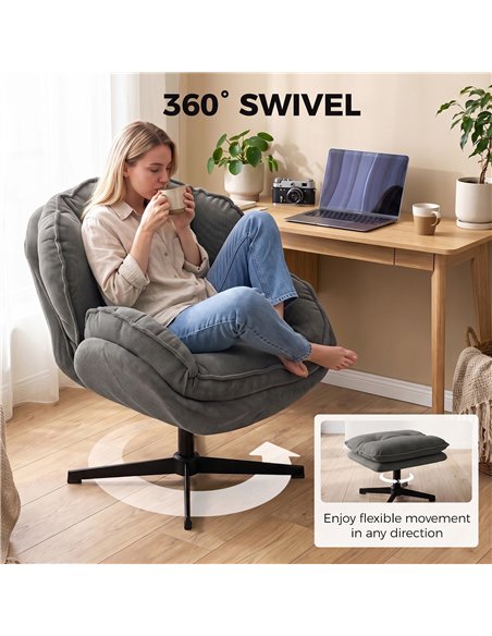 HOMCOM Armchair with Adjustable Footstool, 360-Degree Swivel Chenille Cloud Accent Chair with Thick Cushion, Steel Base, Grey - pic 206122 | FastDaddyshop