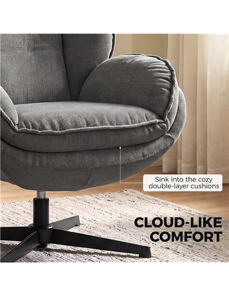 HOMCOM Armchair with Adjustable Footstool, 360-Degree Swivel Chenille Cloud Accent Chair with Thick Cushion, Steel Base, Grey - pic 206123 | FastDaddyshop