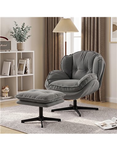 HOMCOM Armchair with Adjustable Footstool, 360-Degree Swivel Chenille Cloud Accent Chair with Thick Cushion, Steel Base, Grey