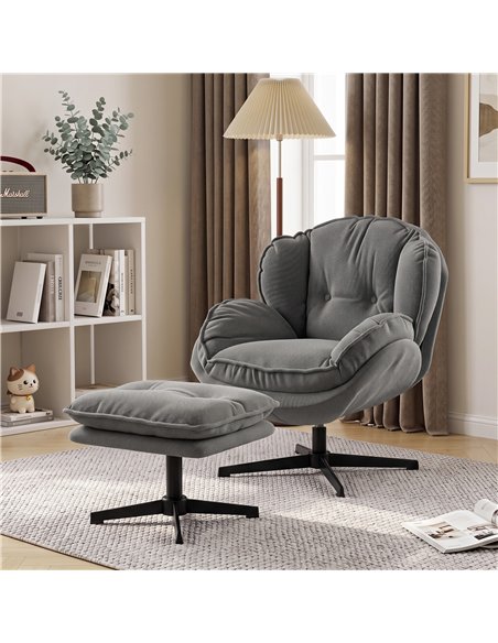 HOMCOM Armchair with Adjustable Footstool, 360-Degree Swivel Chenille Cloud Accent Chair with Thick Cushion, Steel Base, Grey - pic 206125 | FastDaddyshop
