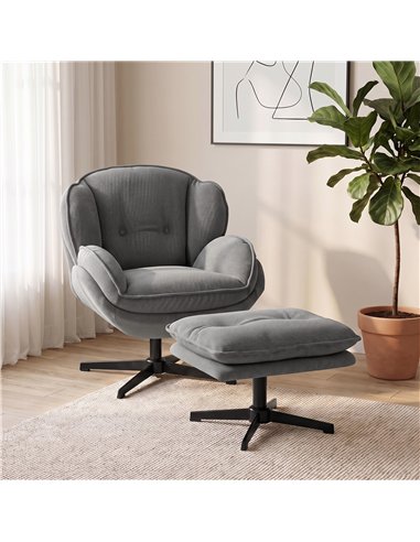HOMCOM Armchair with Adjustable Footstool, 360-Degree Swivel Chenille Cloud Accent Chair with Thick Cushion, Steel Base, Grey