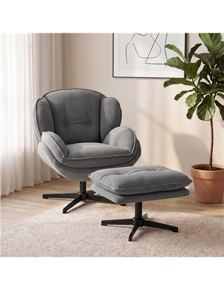 HOMCOM Armchair with Adjustable Footstool, 360-Degree Swivel Chenille Cloud Accent Chair with Thick Cushion, Steel Base, Grey - pic 206126 | FastDaddyshop