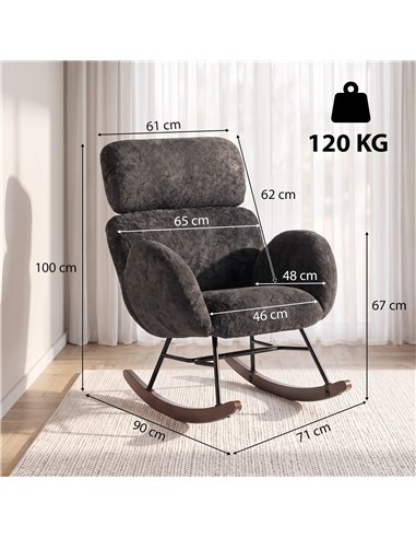 HOMCOM Upholstered Rocking Chair Adjustable Headrest Rocker Chair Raindrop Velvet Rubberwood Base Dark Grey