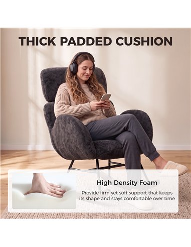 HOMCOM Upholstered Rocking Chair Adjustable Headrest Rocker Chair Raindrop Velvet Rubberwood Base Dark Grey
