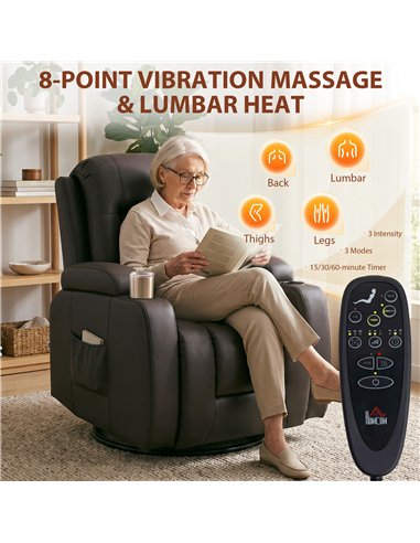 HOMCOM PU Leather Recliner Chair, Recliner Armchair with Extended Footrest, Cup Holders and Side Pockets, Dark Brown