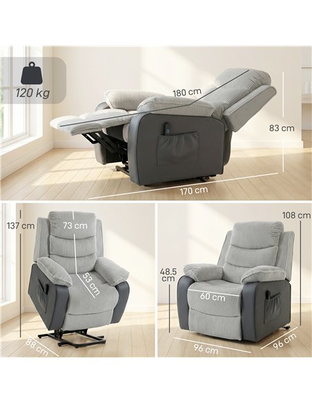 HOMCOM Power Lift Chair for Elderly, Corduroy Recliner with Wide Seat, High Back, USB Port, Side Pockets, Light Grey - pic 206147 | FastDaddyshop