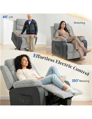 HOMCOM Power Lift Chair for Elderly, Corduroy Recliner with Wide Seat, High Back, USB Port, Side Pockets, Light Grey