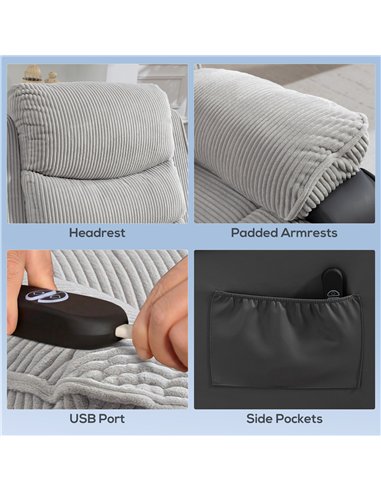 HOMCOM Power Lift Chair for Elderly, Corduroy Recliner with Wide Seat, High Back, USB Port, Side Pockets, Light Grey