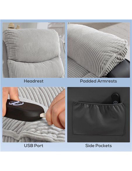 HOMCOM Power Lift Chair for Elderly, Corduroy Recliner with Wide Seat, High Back, USB Port, Side Pockets, Light Grey - pic 206151 | FastDaddyshop