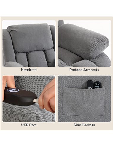 HOMCOM Recliner Armchair Lift Chair, Electric Recliner Chair with Vibration Massage and Heat, Wide Seat, USB Port, Light Grey