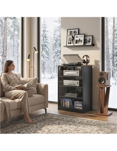 HOMCOM 4-Tier Hi-Fi Stand,  Record Player Stand with Adjustable Shelves and Push-to-Open Glass Doors, Black Wood-Effect