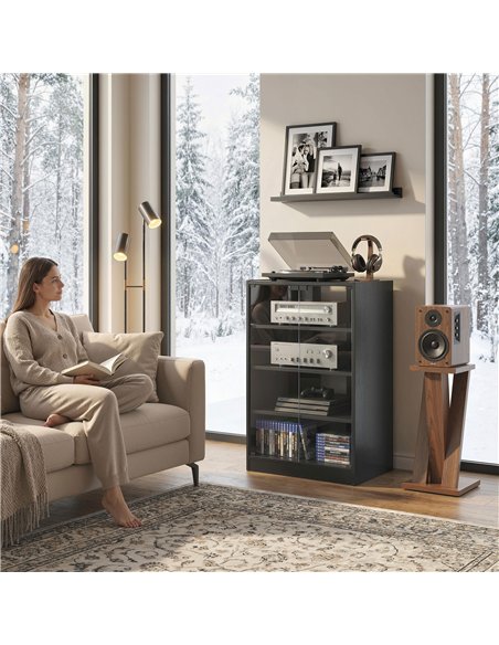 HOMCOM 4-Tier Hi-Fi Stand,  Record Player Stand with Adjustable Shelves and Push-to-Open Glass Doors, Black Wood-Effect - pic 206182 | FastDaddyshop