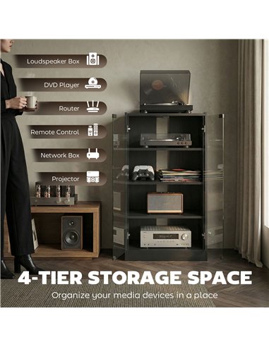HOMCOM 4-Tier Hi-Fi Stand,  Record Player Stand with Adjustable Shelves and Push-to-Open Glass Doors, Black Wood-Effect