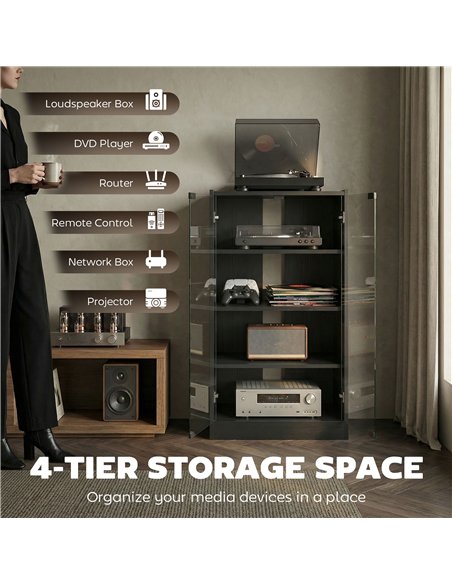 HOMCOM 4-Tier Hi-Fi Stand,  Record Player Stand with Adjustable Shelves and Push-to-Open Glass Doors, Black Wood-Effect - pic 206184 | FastDaddyshop