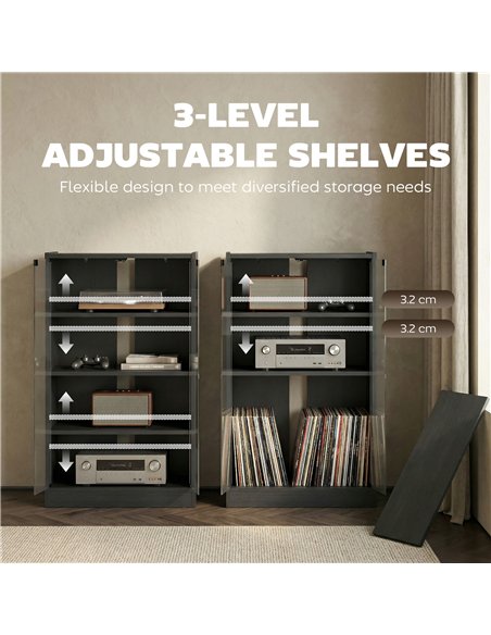 HOMCOM 4-Tier Hi-Fi Stand,  Record Player Stand with Adjustable Shelves and Push-to-Open Glass Doors, Black Wood-Effect - pic 206186 | FastDaddyshop