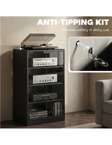 HOMCOM 4-Tier Hi-Fi Stand,  Record Player Stand with Adjustable Shelves and Push-to-Open Glass Doors, Black Wood-Effect