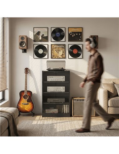 HOMCOM 4-Tier Hi-Fi Stand,  Record Player Stand with Adjustable Shelves and Push-to-Open Glass Doors, Black Wood-Effect