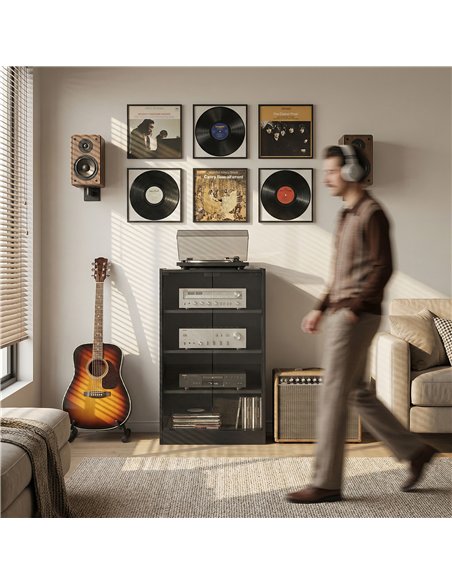 HOMCOM 4-Tier Hi-Fi Stand,  Record Player Stand with Adjustable Shelves and Push-to-Open Glass Doors, Black Wood-Effect - pic 206189 | FastDaddyshop