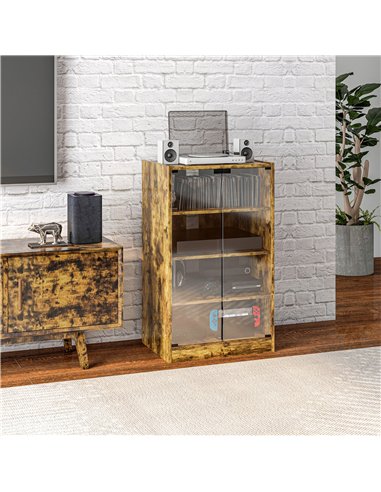 HOMCOM 4-Tier Hi-Fi Stand,  Record Player Stand with Adjustable Shelves and Push-to-Open Glass Doors, Rustic Brown
