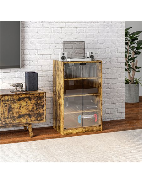 HOMCOM 4-Tier Hi-Fi Stand,  Record Player Stand with Adjustable Shelves and Push-to-Open Glass Doors, Rustic Brown - pic 206191 | FastDaddyshop