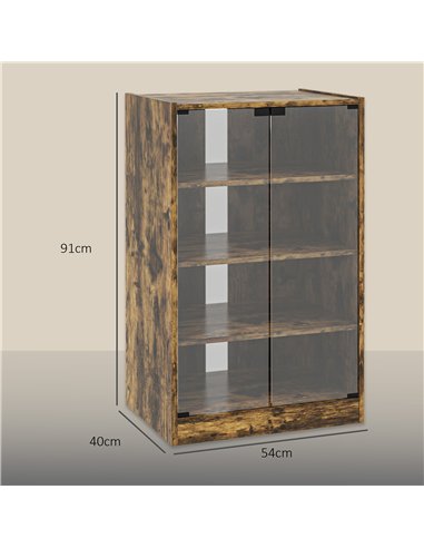 HOMCOM 4-Tier Hi-Fi Stand,  Record Player Stand with Adjustable Shelves and Push-to-Open Glass Doors, Rustic Brown