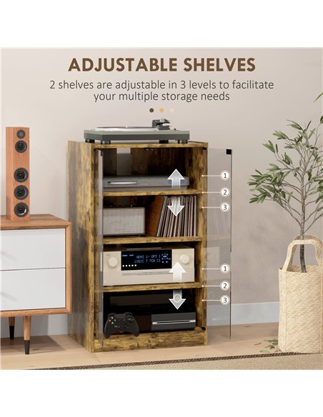 HOMCOM 4-Tier Hi-Fi Stand,  Record Player Stand with Adjustable Shelves and Push-to-Open Glass Doors, Rustic Brown - pic 206193 | FastDaddyshop