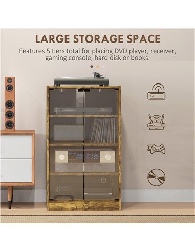 HOMCOM 4-Tier Hi-Fi Stand,  Record Player Stand with Adjustable Shelves and Push-to-Open Glass Doors, Rustic Brown