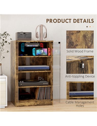 HOMCOM 4-Tier Hi-Fi Stand,  Record Player Stand with Adjustable Shelves and Push-to-Open Glass Doors, Rustic Brown
