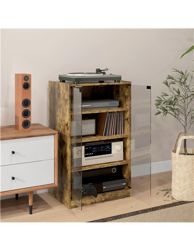 HOMCOM 4-Tier Hi-Fi Stand,  Record Player Stand with Adjustable Shelves and Push-to-Open Glass Doors, Rustic Brown