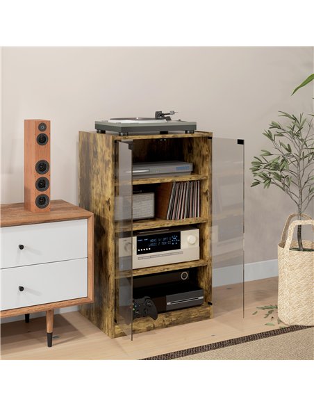 HOMCOM 4-Tier Hi-Fi Stand,  Record Player Stand with Adjustable Shelves and Push-to-Open Glass Doors, Rustic Brown - pic 206197 | FastDaddyshop
