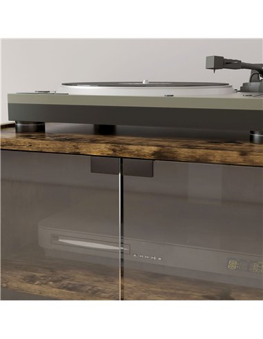 HOMCOM 4-Tier Hi-Fi Stand,  Record Player Stand with Adjustable Shelves and Push-to-Open Glass Doors, Rustic Brown