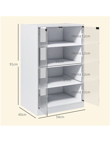 HOMCOM 4-Tier Hi-Fi Stand,  Record Player Stand with Adjustable Shelves and Push-to-Open Glass Doors, White Wood-Effect