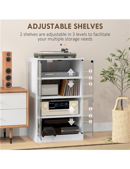 HOMCOM 4-Tier Hi-Fi Stand,  Record Player Stand with Adjustable Shelves and Push-to-Open Glass Doors, White Wood-Effect - pic 206202 | FastDaddyshop