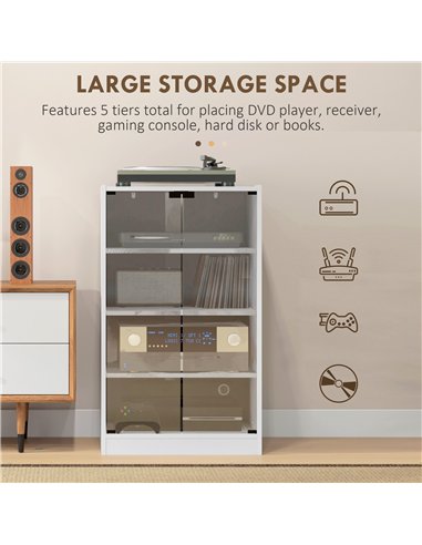 HOMCOM 4-Tier Hi-Fi Stand,  Record Player Stand with Adjustable Shelves and Push-to-Open Glass Doors, White Wood-Effect