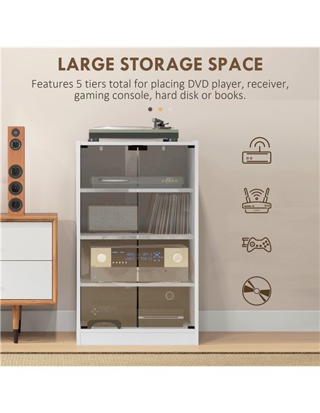 HOMCOM 4-Tier Hi-Fi Stand,  Record Player Stand with Adjustable Shelves and Push-to-Open Glass Doors, White Wood-Effect - pic 206203 | FastDaddyshop