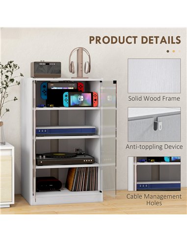HOMCOM 4-Tier Hi-Fi Stand,  Record Player Stand with Adjustable Shelves and Push-to-Open Glass Doors, White Wood-Effect